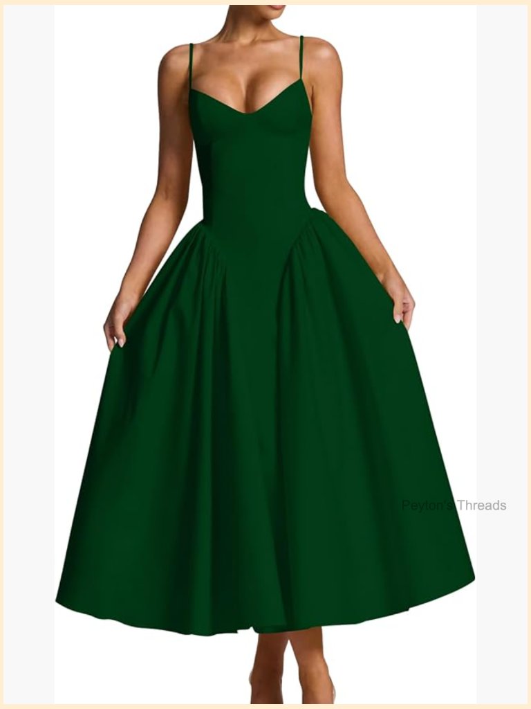 V Neck Spaghetti Strap A Line Ruched Midi Party Dress
